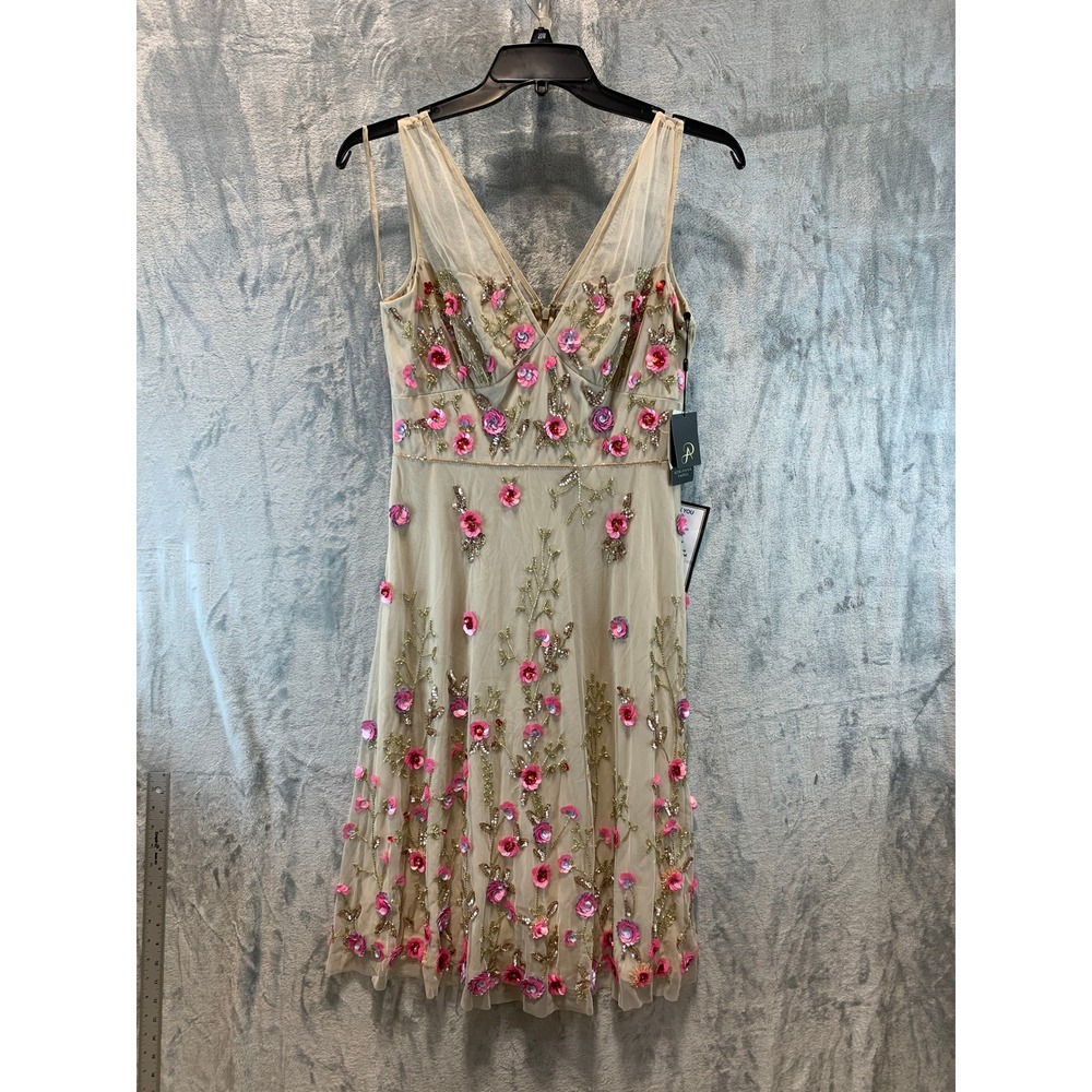 Adrianna Papell Beaded Mesh Midi Dress Biscotti Pink Floral Sequin AP1E211883 10